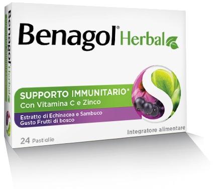 Benagol Herbal Integratore per il Mal di Gola Gusto Frutti Di Bosco 24 Pastiglie
