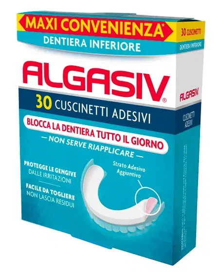 Algasiv Adesivo per Protesi Dentaria Inferiore 30 Cuscinetti Adesivi