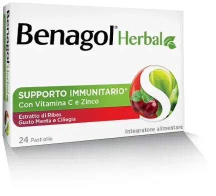 Benagol Herbal Integratore per il Mal di Gola Gusto Menta e Ciliegia 24 Pastiglie